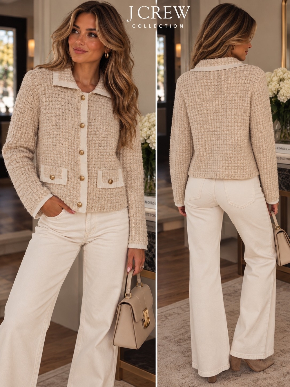 J. Crew Women's Beige Tweed Button-Front Jacket
